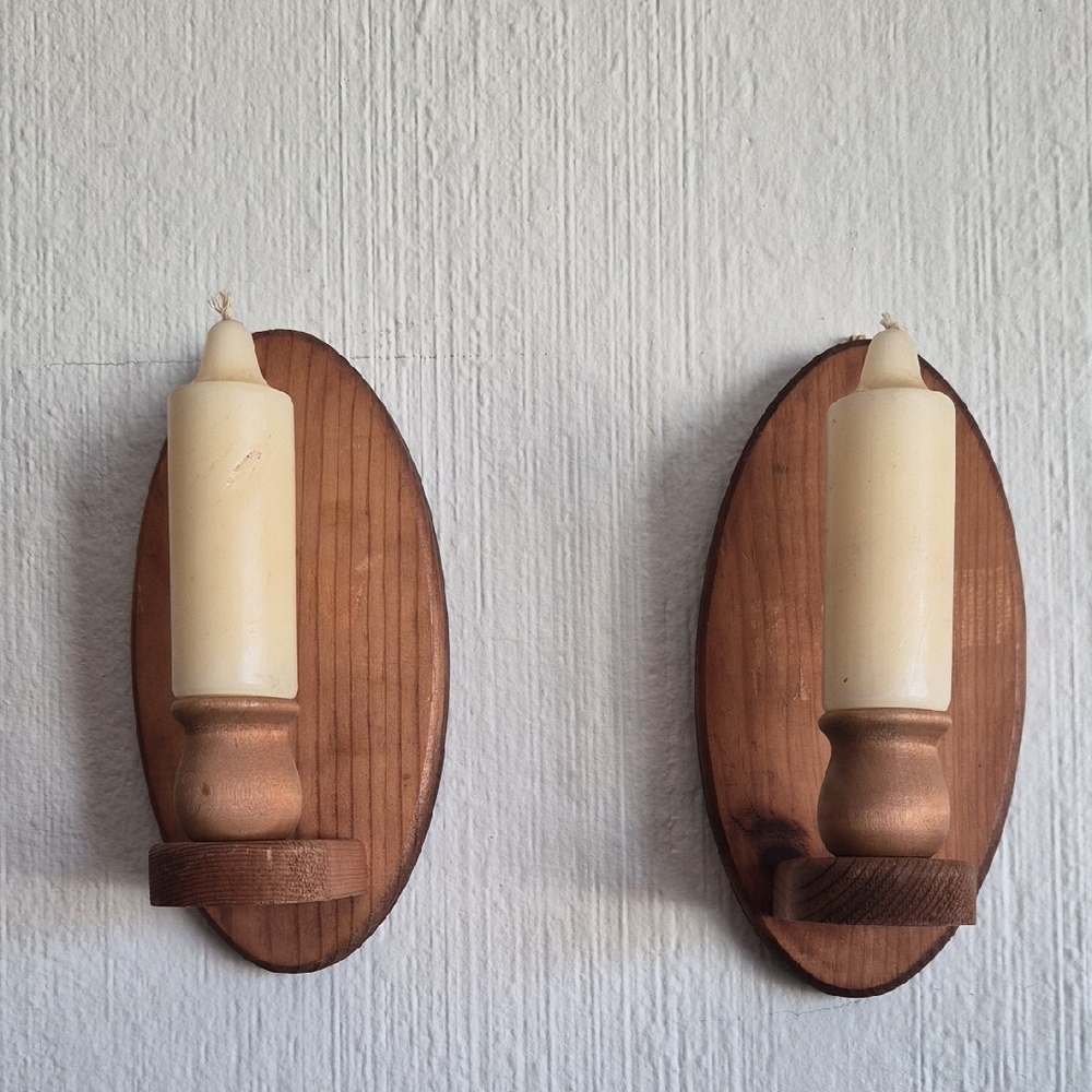 Pair of Wooden Wall Sconces with Cream Candles
